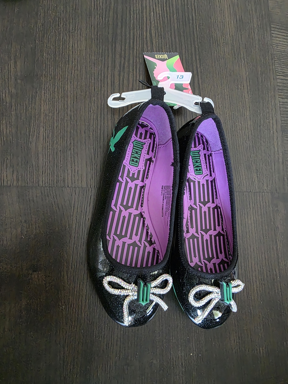 Wicked Elphaba Girls' Black Glitter Ballet Flats with Purple Insole